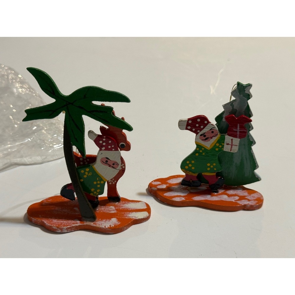 Vintage Hand Painted Wood Christmas Figurines Santa Gnome Skating Palm Tree Set